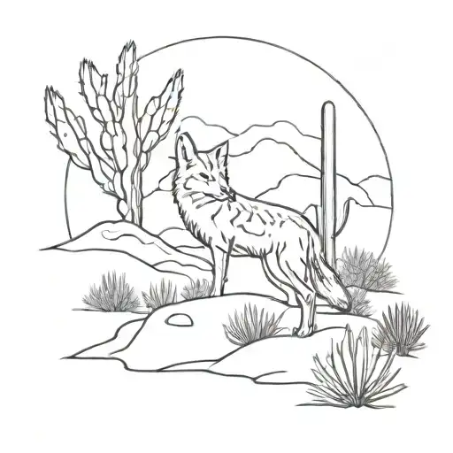 A minimalist tattoo design featuring a coyote howling at the moon surrounded by desert plants like ocotillo and cholla cactus tattoo design idea