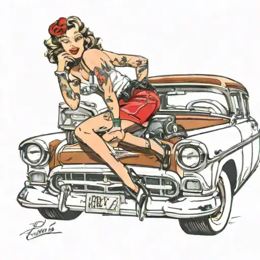 pin up girl in lingerie leaning over 58 chevy tattoo design idea