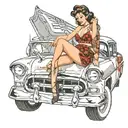 pin up girl in lingerie leaning over 58 chevy tattoo design idea