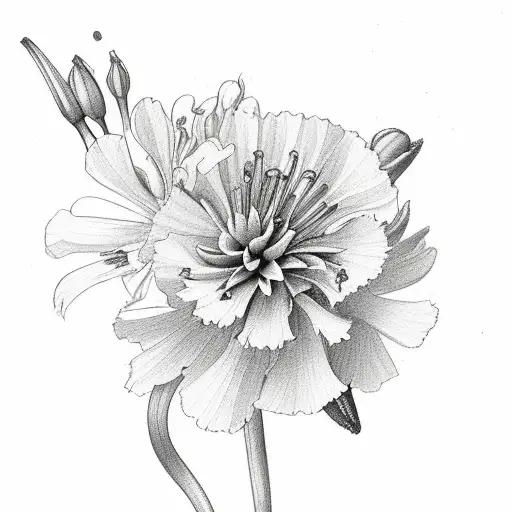a bouquet of carnations, daffodils, lily of the valleys, honeysuckles, and dahlias tattoo design idea