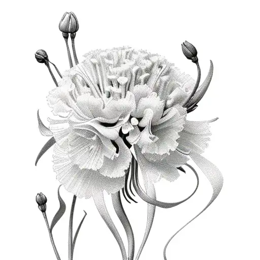 a bouquet of carnations, daffodils, lily of the valleys, honeysuckles, and dahlias where they're all equal size tattoo design idea