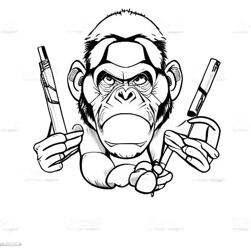 A video game character holding a pencil and sketching a chimpanzee tattoo design idea