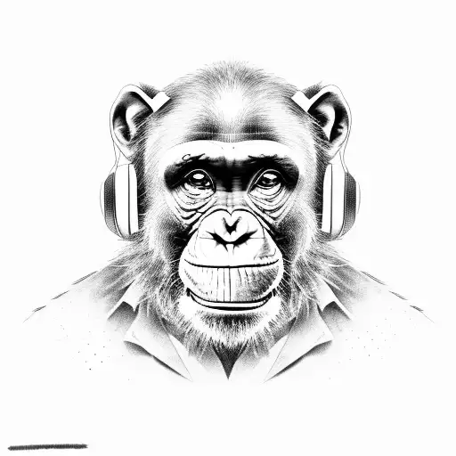 A chimpanzee wearing a gamer headset and holding a pencil tattoo design idea