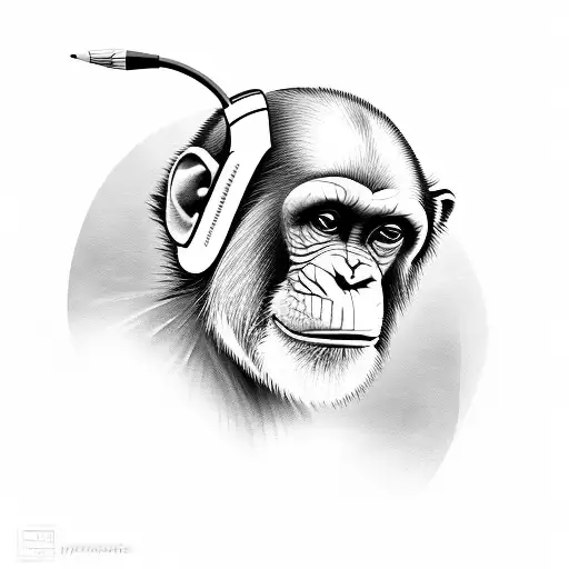 A chimpanzee wearing a gamer headset and holding a pencil tattoo design idea