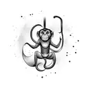 An athletic monkey swinging from a chameleon's tail tattoo design idea