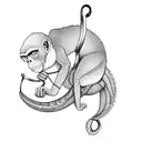An athletic monkey swinging from a chameleon's tail tattoo design idea