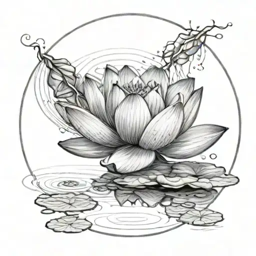 A singular blossoming lotus flower on a pond enclosed in a circle with a subtle ray of light coming out of it tattoo design idea