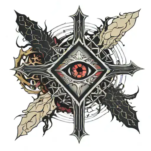 Dark black broke Satanic cross Realistic Eye, cracked and bleeding. dark black and blood red. golden cross. demonic tattoo design idea