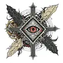 Dark black broke Satanic cross Realistic Eye, cracked and bleeding. dark black and blood red. golden cross. demonic tattoo design idea