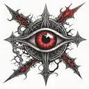 Dark black broke Satanic cross Realistic Eye, cracked and bleeding. dark black and blood red. golden cross. demonic tattoo design idea