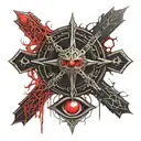 Dark black broke Satanic cross Realistic Eye, cracked and bleeding. dark black and blood red. golden cross. demonic tattoo design idea