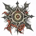 Dark black broke Satanic cross Realistic Eye, cracked and bleeding. dark black and blood red. golden cross. demonic tattoo design idea