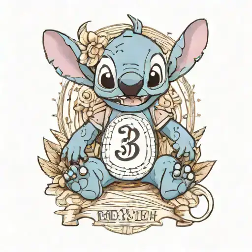 stitch from lilo and stitch with the date of birth 13.03.2001 in roman numerical tattoo design idea