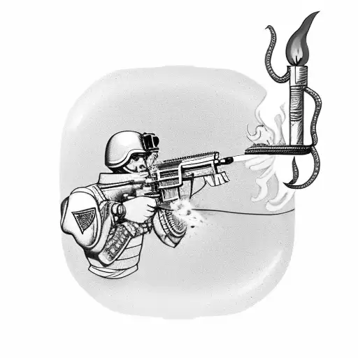 army necklace plate with a rocket on fire and an m16 rifle near them tattoo design idea