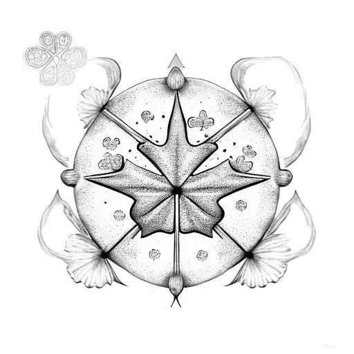 green four leaf clover inside a canadian maple leaf, surrounded by a Pisces fish, add cross bones, 2 rings, 3 hearts tattoo design idea