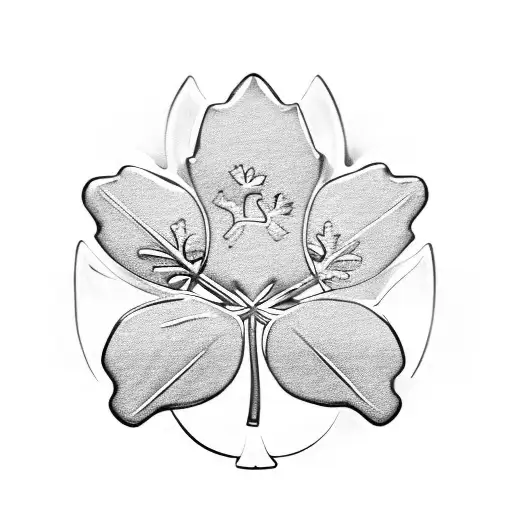 green four leaf clover inside a canadian maple leaf, surrounded by a Pisces fish, add cross bones, 2 rings, 3 hearts tattoo design idea