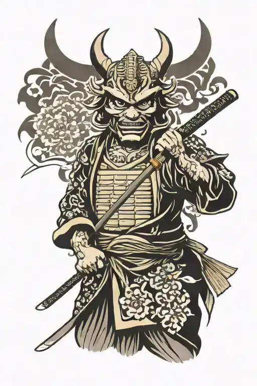 japanese samurai with oni mask holding katana sword tattoo design idea