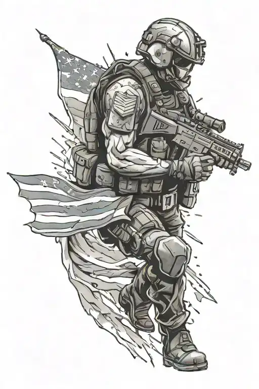 American flag ripping through the skin with a tactical man wearing a shield helmet tattoo design idea