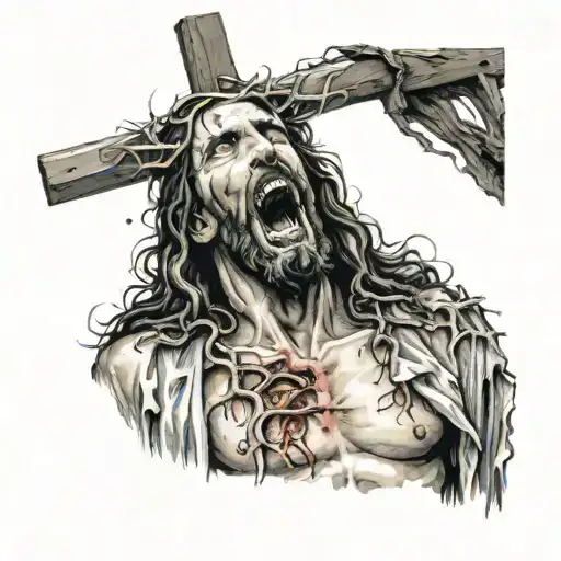 Jesus on cross rotting maggots screaming open wounds  tattoo design idea
