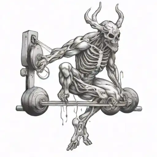A macabre and twisted gym scene featuring elements of gore and anatomy tattoo design idea