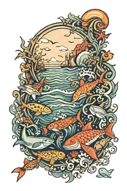 ocean scene featuring sea creatures swimming tattoo design idea
