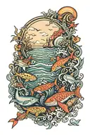 ocean scene featuring sea creatures swimming tattoo design idea