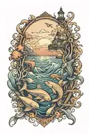 ocean scene featuring sea creatures swimming tattoo design idea