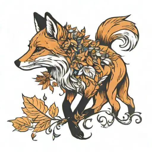 fox and autumn leaves falling tattoo design idea