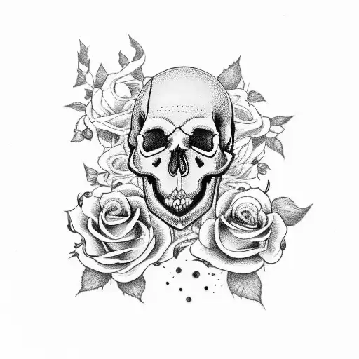 cherry blossoms with roses and a skull tattoo design idea