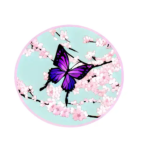 Cherry blossom purple blue butterflies  tattoo design idea