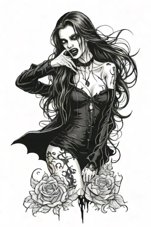 female vampire girl full body with white eyes long hair fangs showing tattoo design idea