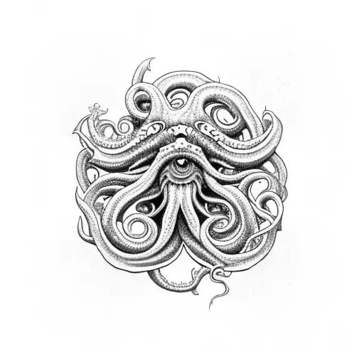 A powerful and majestic kraken emerging from the depths of the ocean, with Kate Blanchet's face subtly incorporated into its tentacles. tattoo design idea