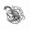 An intricate black and grey design showcasing a kraken battling a fierce sea monster, with Kate Blanchet's likeness subtly hidden within the waves. tattoo design idea