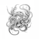 An intricate black and grey design showcasing a kraken battling a fierce sea monster, with Kate Blanchet's likeness subtly hidden within the waves. tattoo design idea