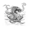 An intricate black and grey design showcasing a kraken battling a fierce sea monster, with Kate Blanchet's likeness subtly hidden within the waves. tattoo design idea