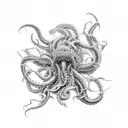 An intricate black and grey design showcasing a kraken battling a fierce sea monster, with Kate Blanchet's likeness subtly hidden within the waves. tattoo design idea