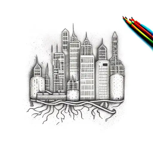 Underwater cityscape with drains as buildings tattoo design idea
