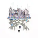 Underwater cityscape with drains as buildings tattoo design idea