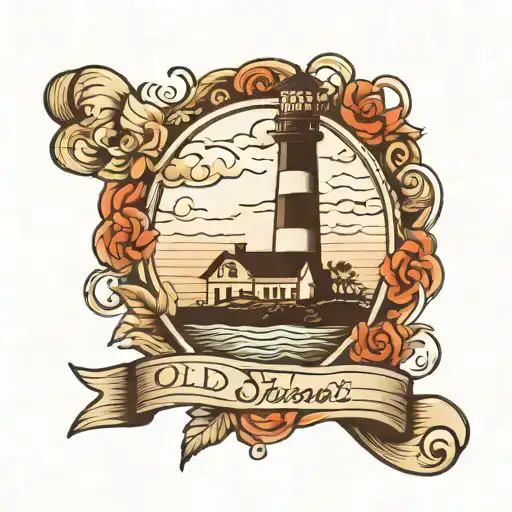 old school tattoo dedicated to my 5 month old daughter, in the background the sea a lighthouse and in the foreground me  tattoo design idea