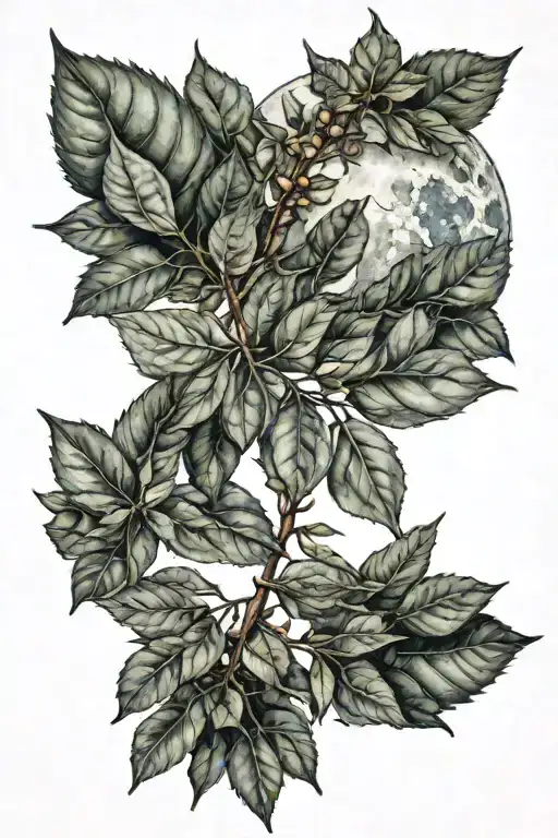 waxing gibbous moon surrounded by bay leaves growing tattoo design idea