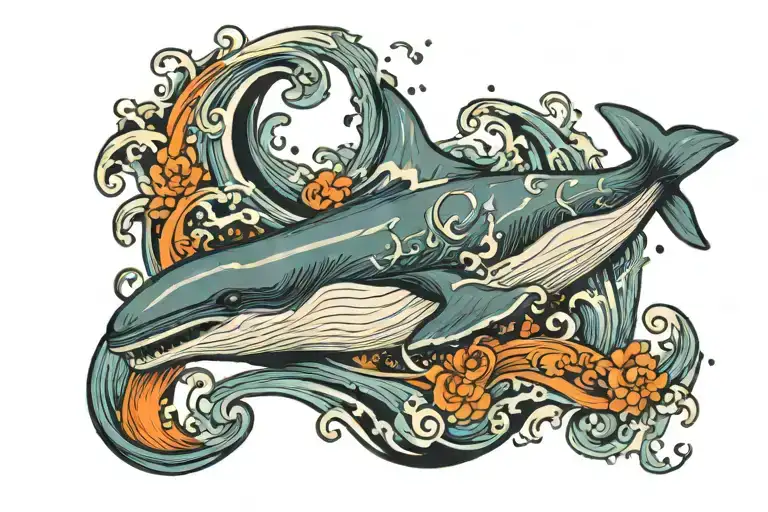 A tattoo picture of whale in the midle of the wave in rectangle and write this too shall pass tattoo design idea