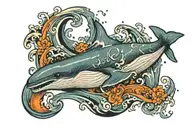 A tattoo picture of whale in the midle of the wave in rectangle and write this too shall pass tattoo design idea