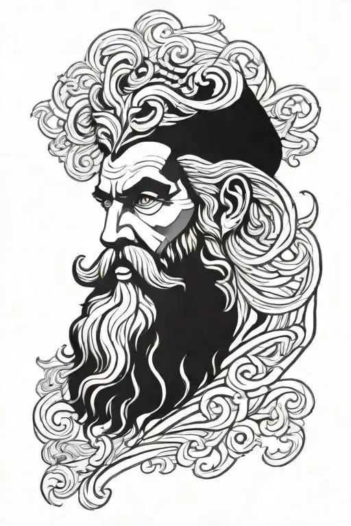 powerful and majestic depiction of Zeus, with flowing hair, a regal beard, and intense eyes, symbolizing strength. tattoo design idea