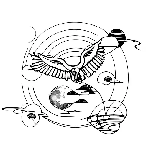A minimalist tattoo of a Caribbean island landscape with a spaceship hovering above, symbolizing the client's love for travel and space exploration. tattoo design idea