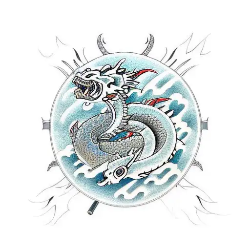 Dragon with sword and koi fish tattoo design idea