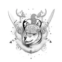 A dotwork tattoo of various animals forming a musical band with instruments like knives, swords, and bow and arrows tattoo design idea