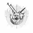 A dotwork tattoo of various animals forming a musical band with instruments like knives, swords, and bow and arrows tattoo design idea