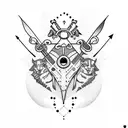 A dotwork tattoo of various animals forming a musical band with instruments like knives, swords, and bow and arrows tattoo design idea