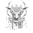 A dotwork tattoo of various animals forming a musical band with instruments like knives, swords, and bow and arrows tattoo design idea
