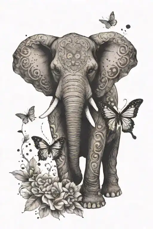 flores elefante borboleta e a letra S incorporated somehow tattoo design idea